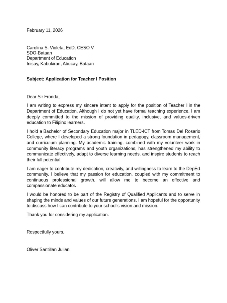 Letter of Intent SDO BATAAN | PDF