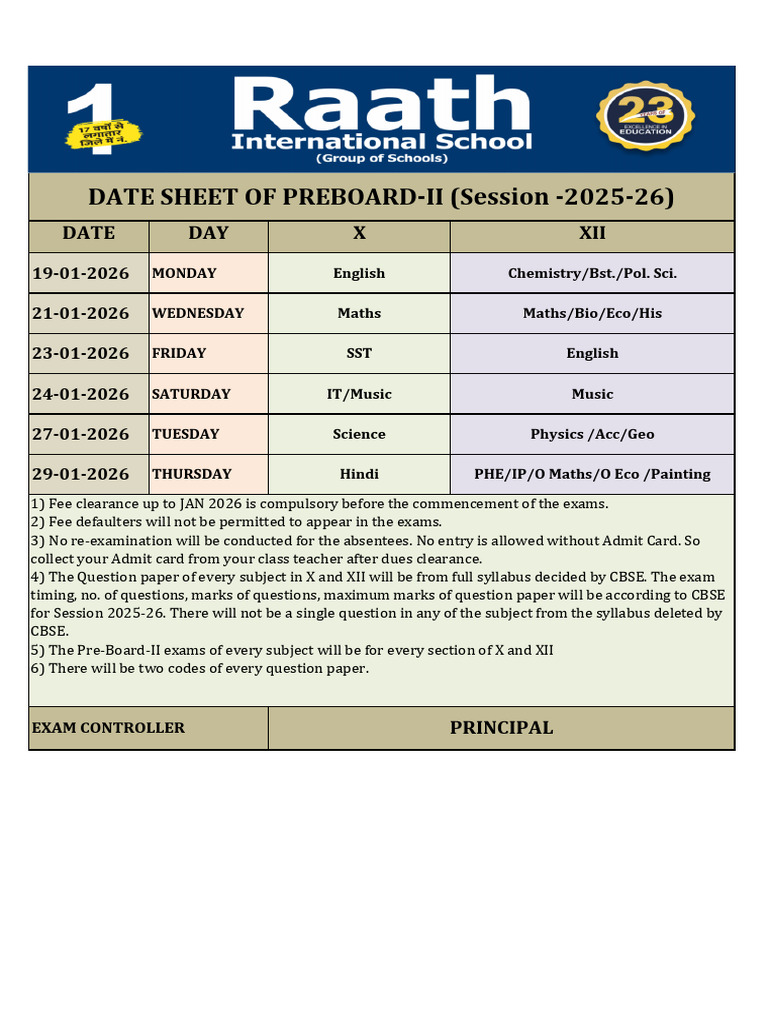 Ris - Pre Board - II Date Sheet-1 | PDF