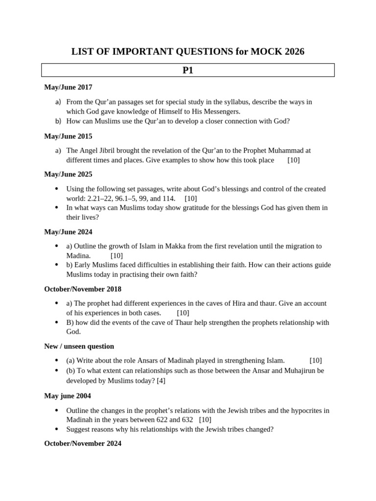 MOCKS Important Questions | PDF | Monotheism | Monotheistic Religions