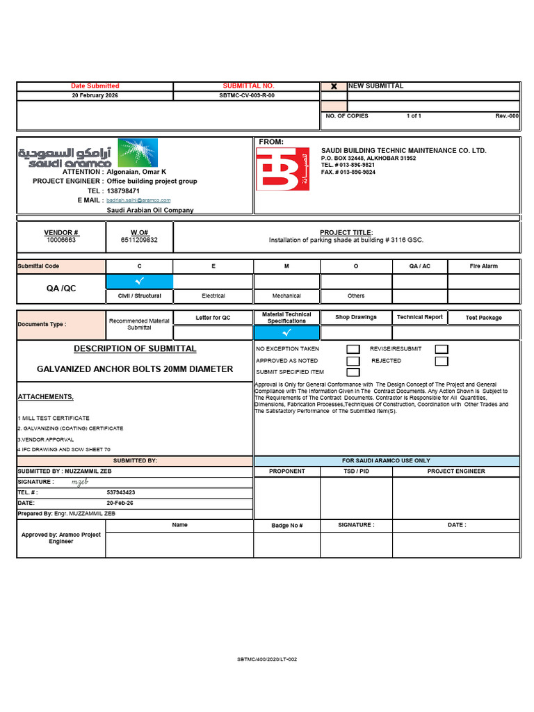 SBTMC Material Submittal For Anchor Bolts | PDF | Saudi Arabia