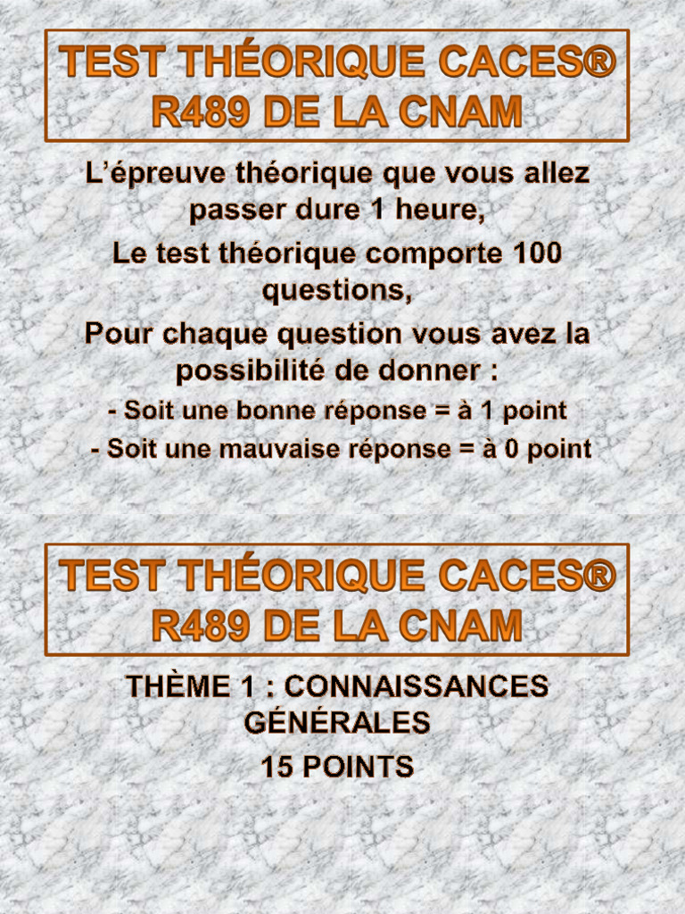 TEST THEORIQUE CACES - R489 DE LA CNAM Epreuve | PDF | Chariot ...