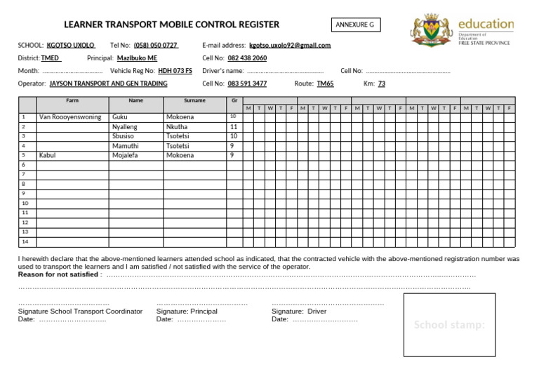 Learner Transport Mobile Control Register Doe 2026 | PDF