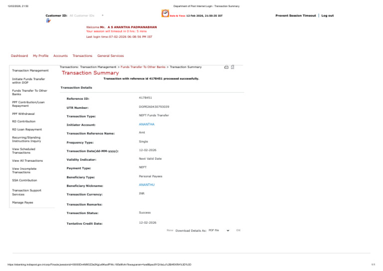 Department of Post Internet Login - Transaction Summary | PDF | Money ...