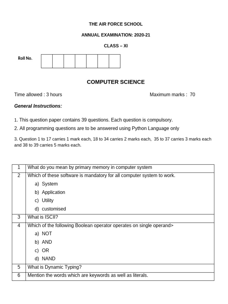 Annual Exam Xi Cs 20-21 | PDF | String (Computer Science) | Logic Gate