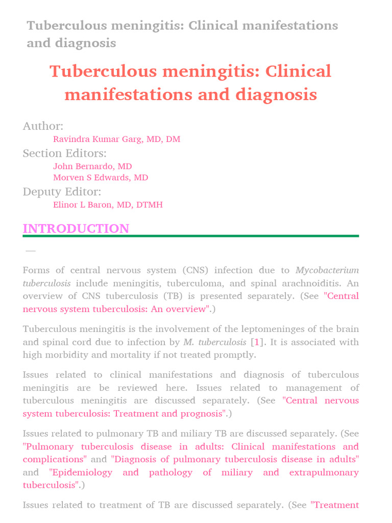 Tuberculous Meningitis - Clinical Manifestations and Diagnosis | PDF