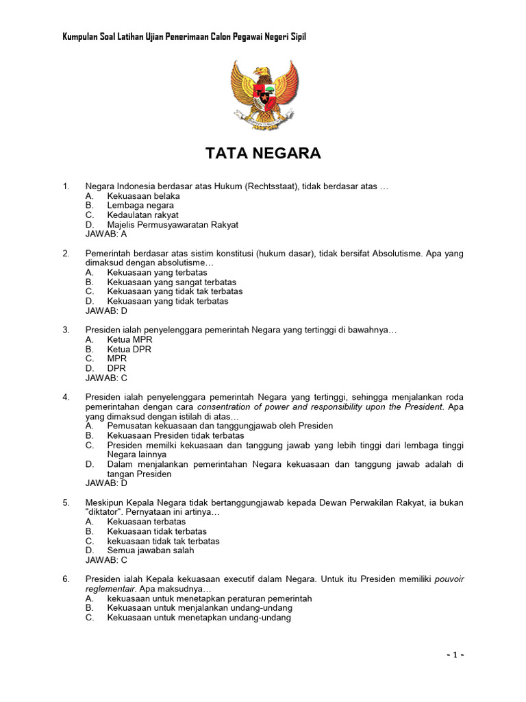 Soal Dan Kunci Jawaban Soal CPNS Tata Negara (WWW - Defantri.com) | PDF