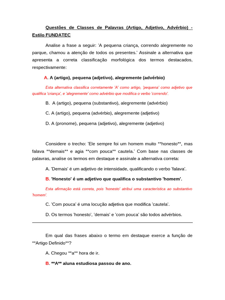 Questões de Classes de Palavras | PDF
