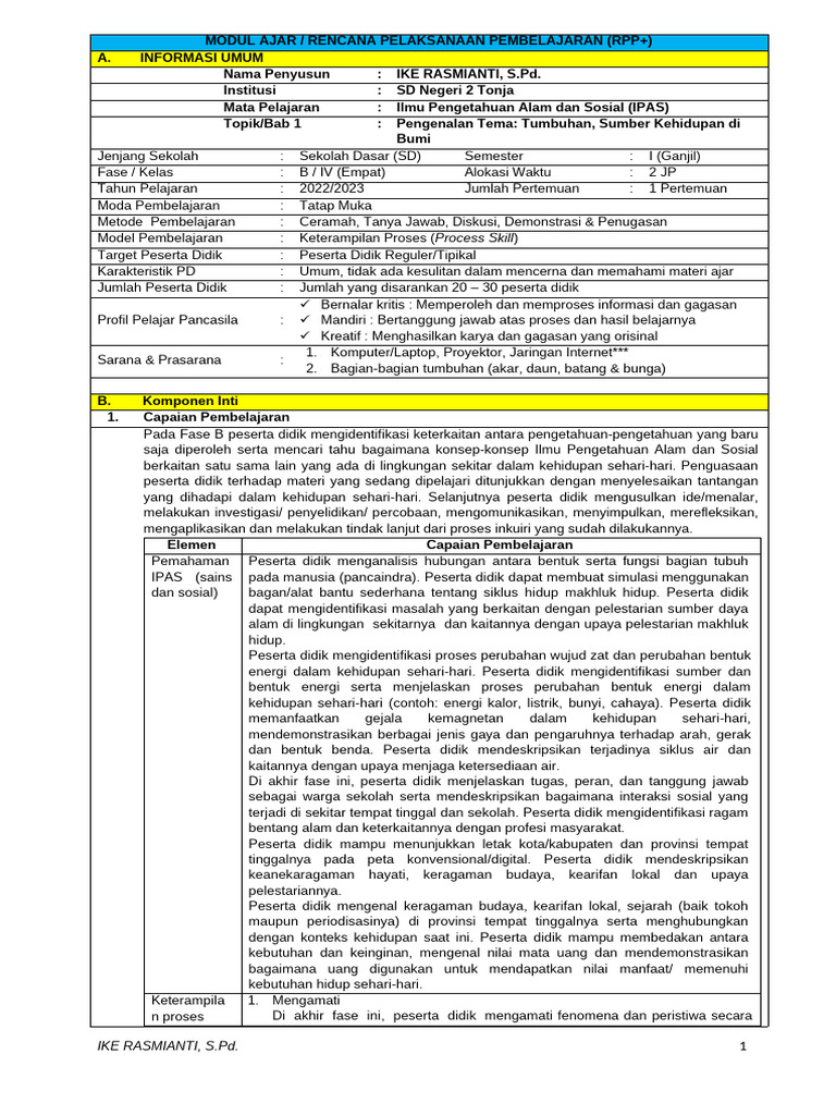 RPP Ipas Kls IV Sms 1 | PDF