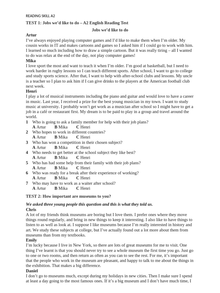 Reading Skills Test 1,2,3 | PDF | Teachers | Science Education