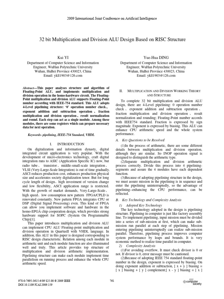 32 Bit Multiplication and Division ALU Design Based On RISC Structure ...