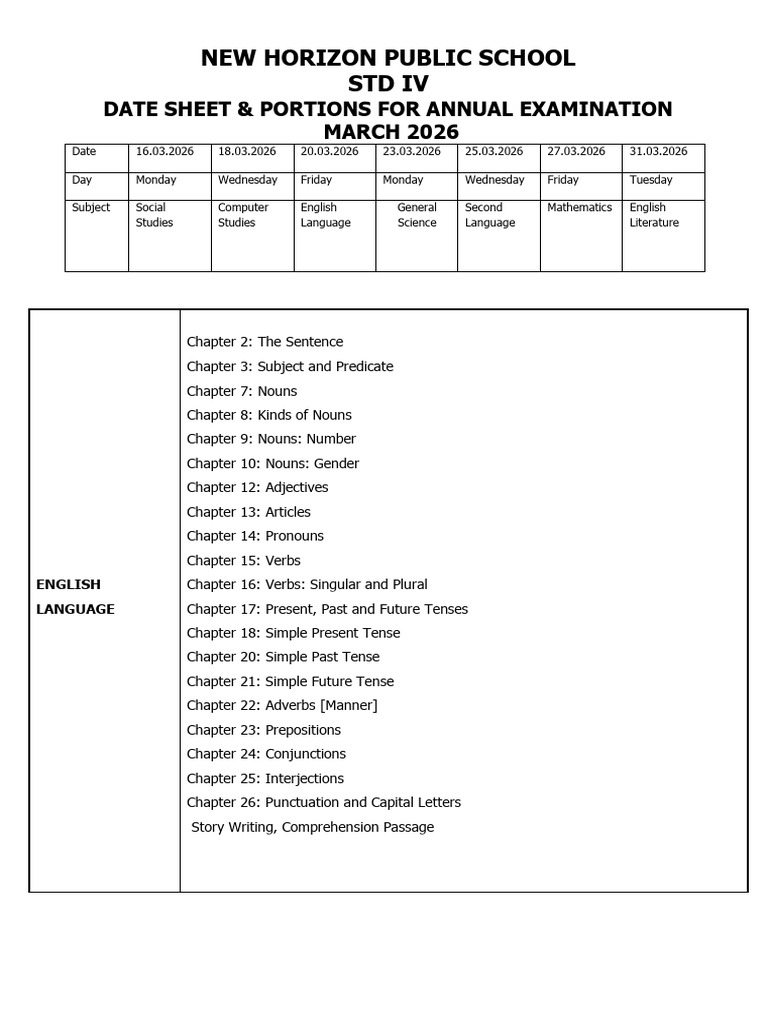 Annual Datesheet Grade 4 2026 1 1770979358 | PDF | English Language | Verb