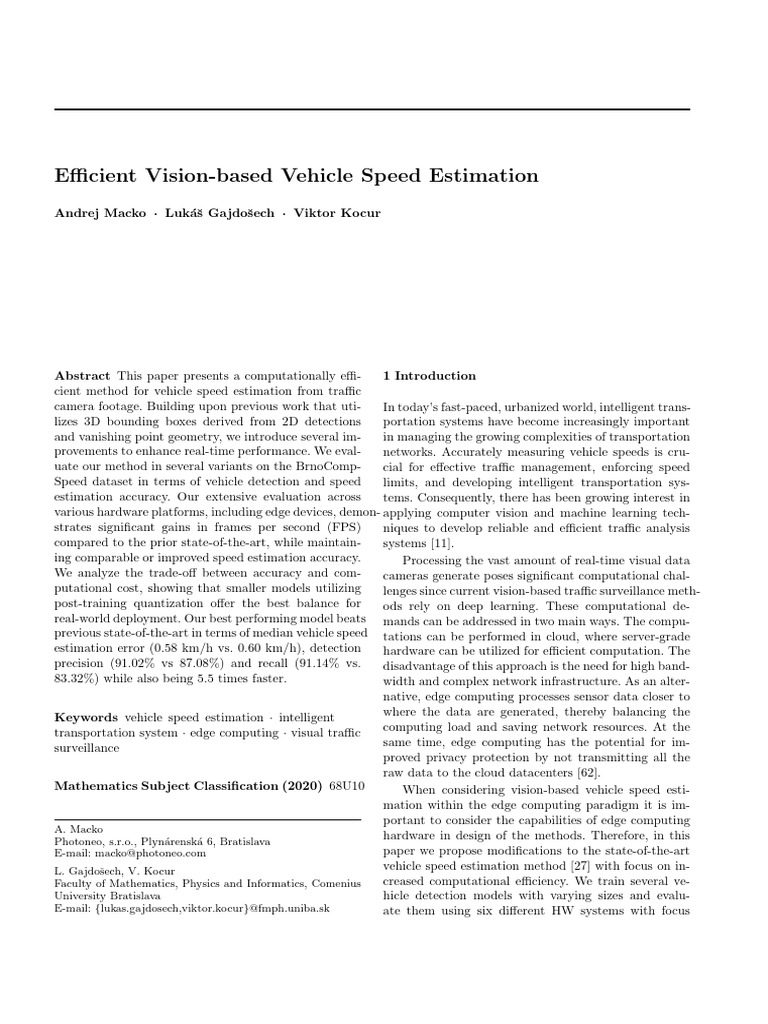 Efficient Vision-Based Vehicle Speed Estimation | PDF