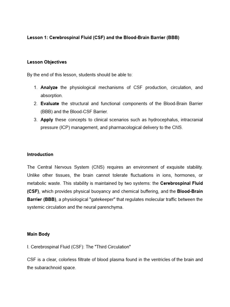 Lesson 1 CSF and The Blood-Brain Barrier (BBB) | PDF | Cerebrospinal ...