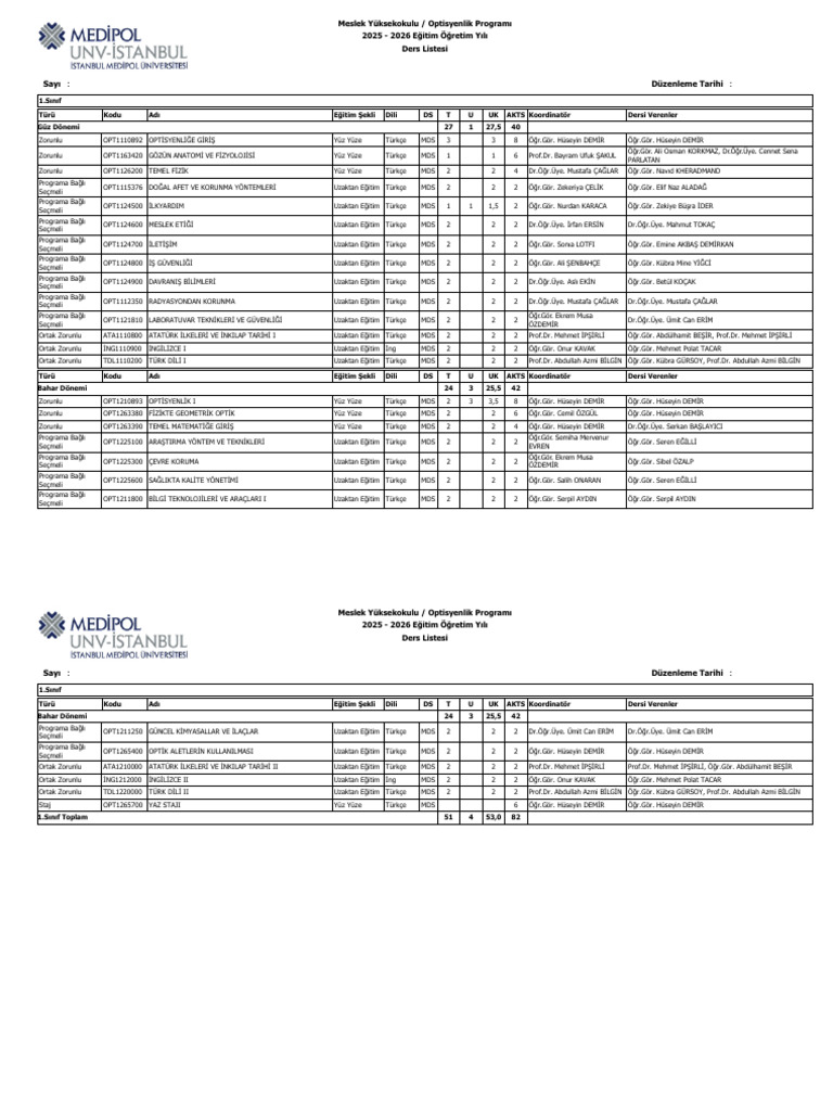 Program Ders List Es I | PDF