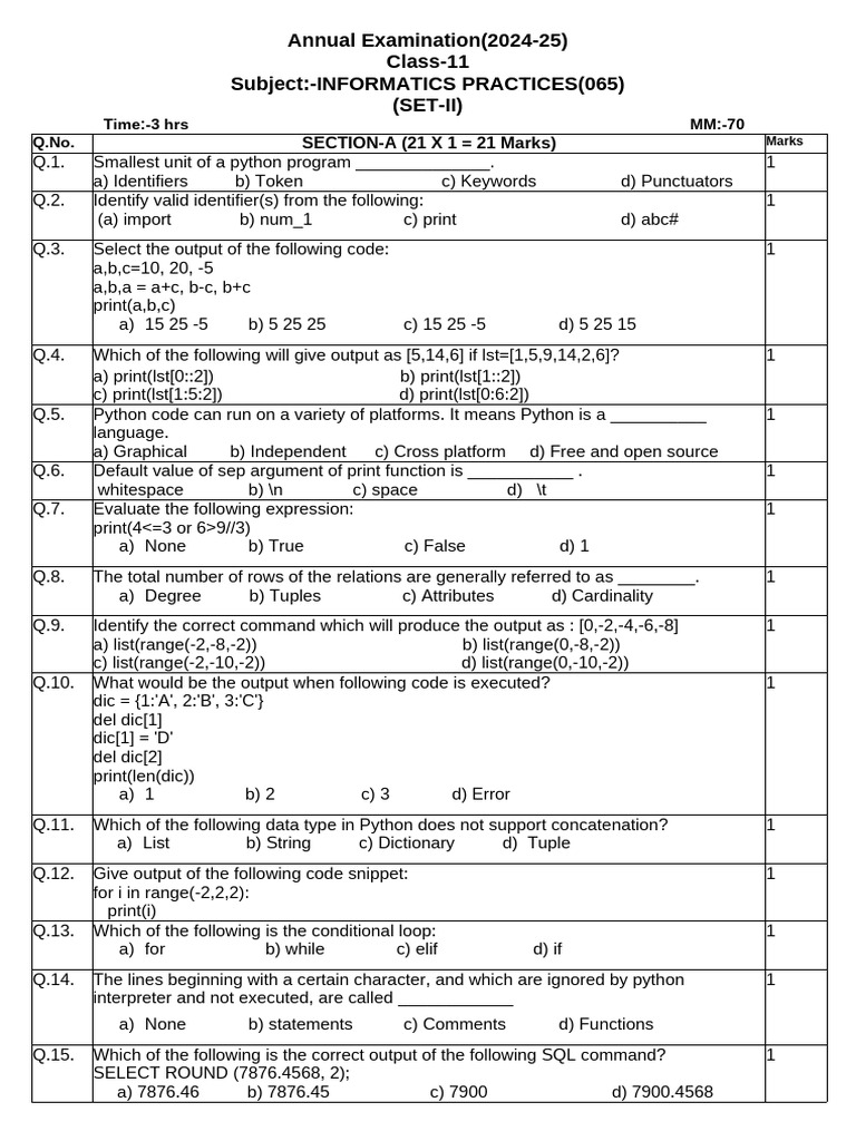 Class Xi Ip Annual Paper Set 2 2025 | PDF | Relational Database ...