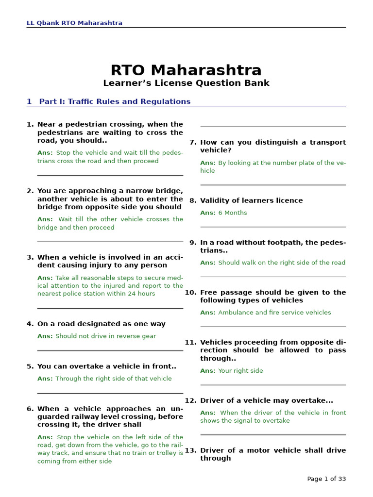 Learner's License Full Question Bank RTO | PDF | Traffic | Traffic Light