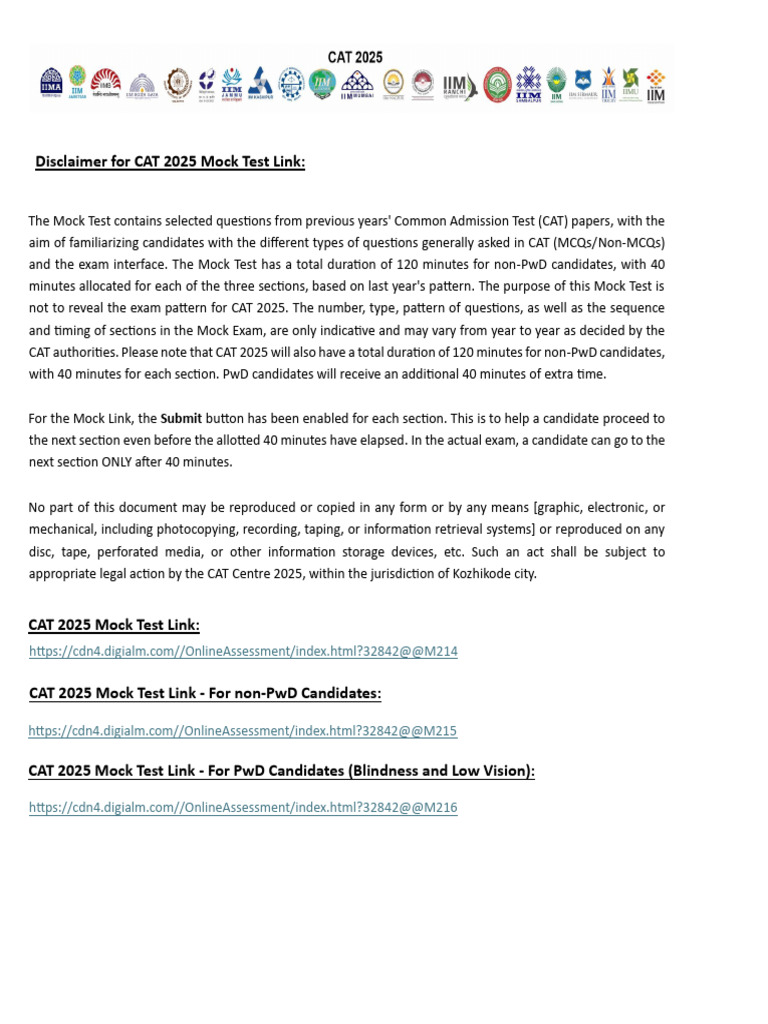 CAT 2025 Mock Test Links | PDF