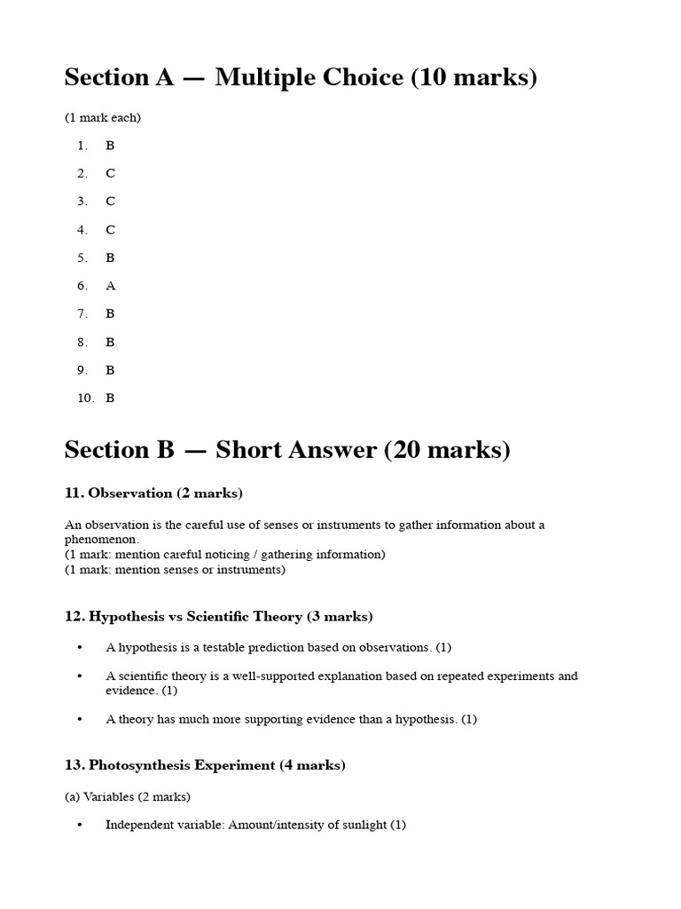 Science Paper - Answer Sheet | PDF | Experiment | Observation