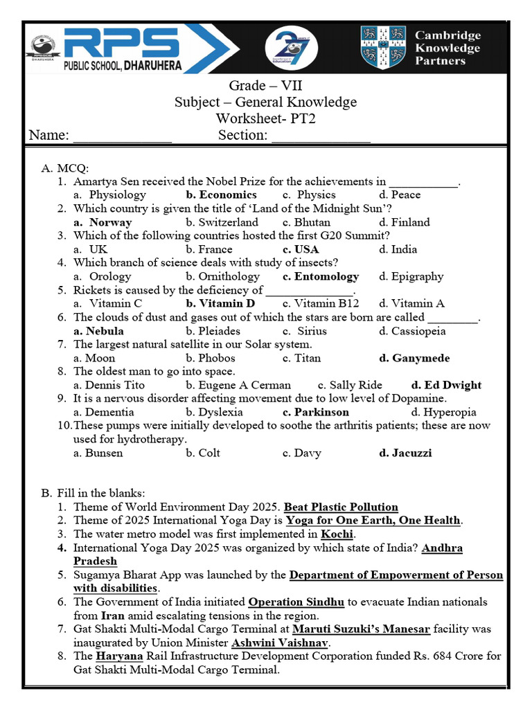 GK Grade VII Worksheet PT2 | PDF