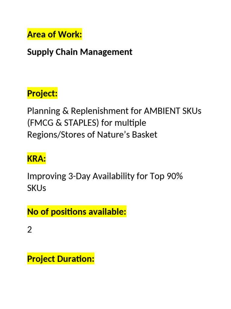 Job Description - Live Project - SCM - Nature's Basket | PDF