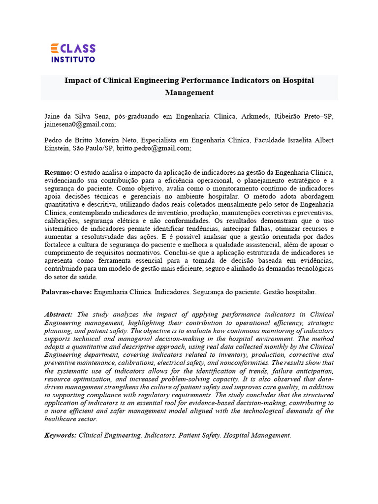 Impact of Clinical Engineering Performance Indicators On Hospital ...