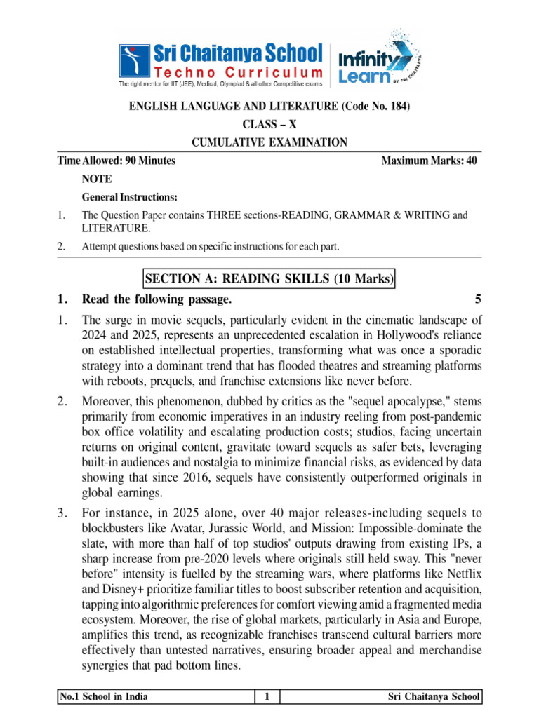 CBSE English Class 10 Cumulative Question Paper 2025 - 2026 | PDF