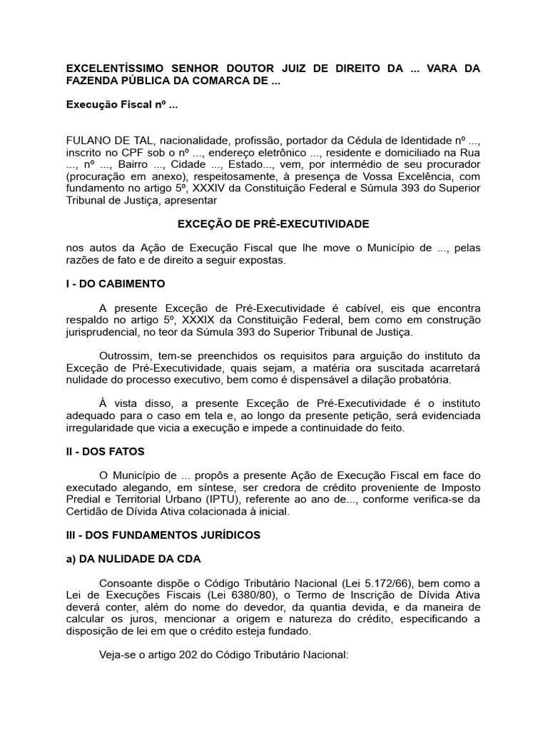 Exceção de Pré-Executividade PDF | PDF | Direito Público | Justiça