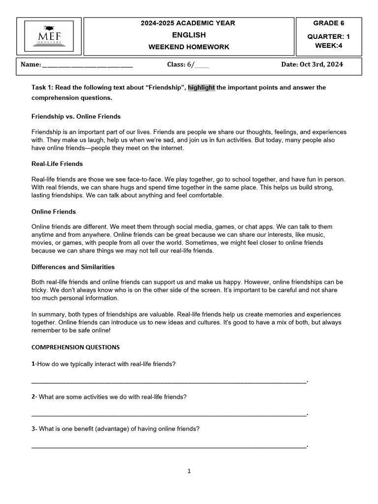 Grade 6 - Week 4 - Weekend Homework | PDF