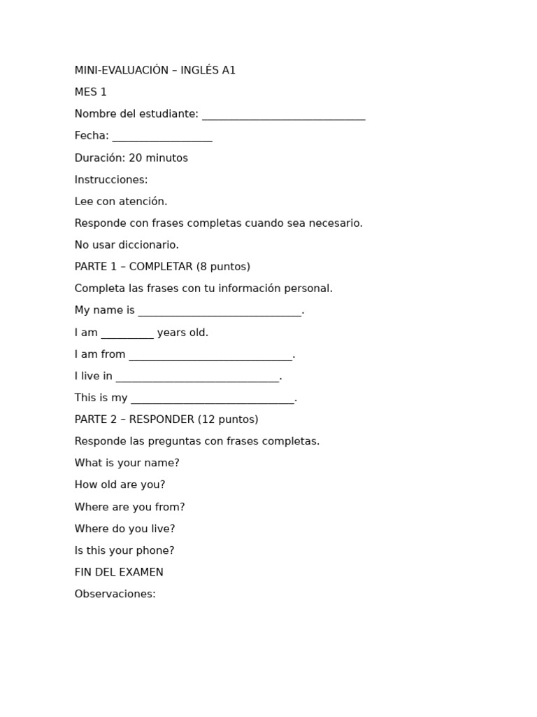 Mes 1 Mini Evaluación 1 | PDF