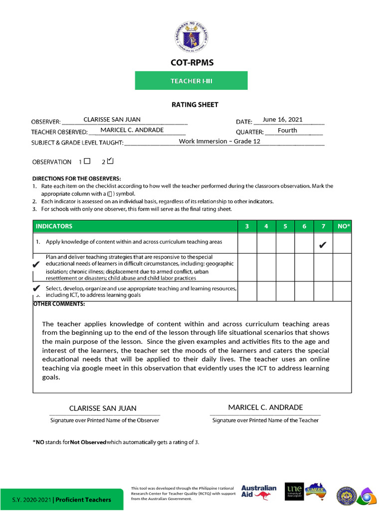 2nd Cot Rating Sheet Ycel | PDF | Learning | Teachers