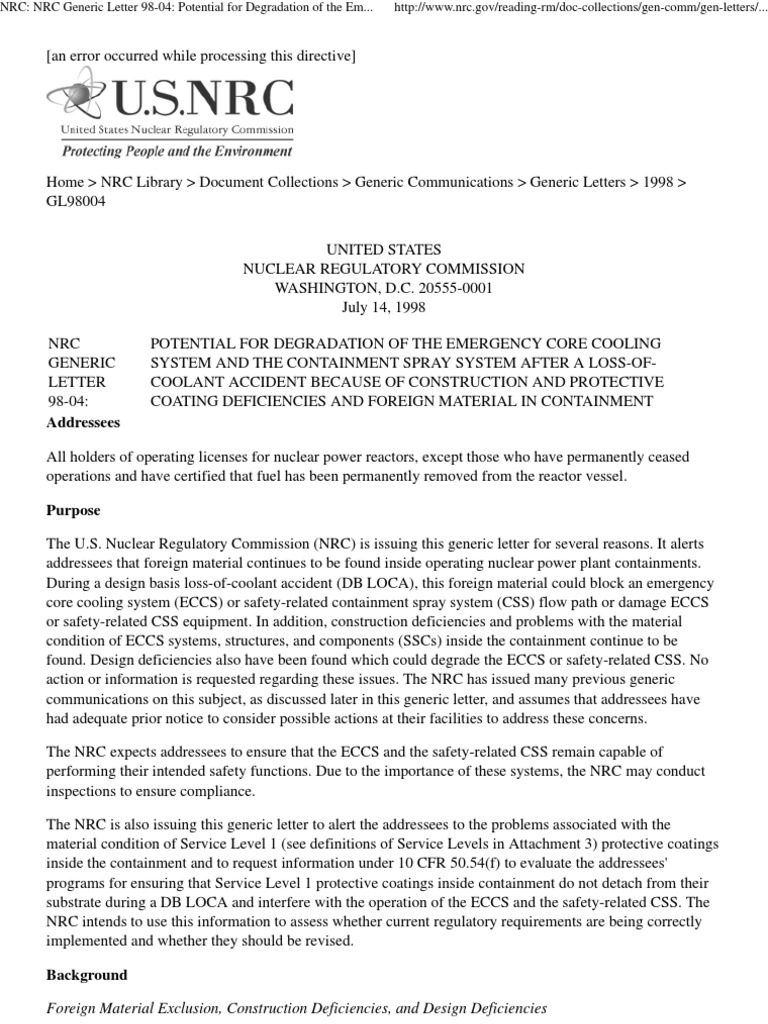 NRC Generic Letter 98-04: ECCS Risks | PDF | Nuclear Regulatory ...