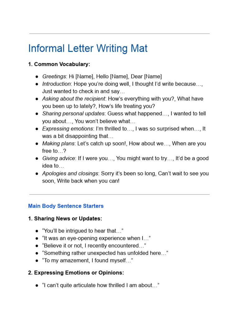Informal Letter Sentence Starters | PDF