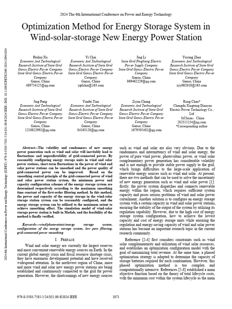 Optimization Method For Energy Storage System in Wind-Solar-Storage New ...