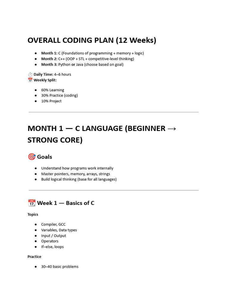 Overall Coding Plan (12 Weeks) | PDF | C++ | Pointer (Computer Programming)