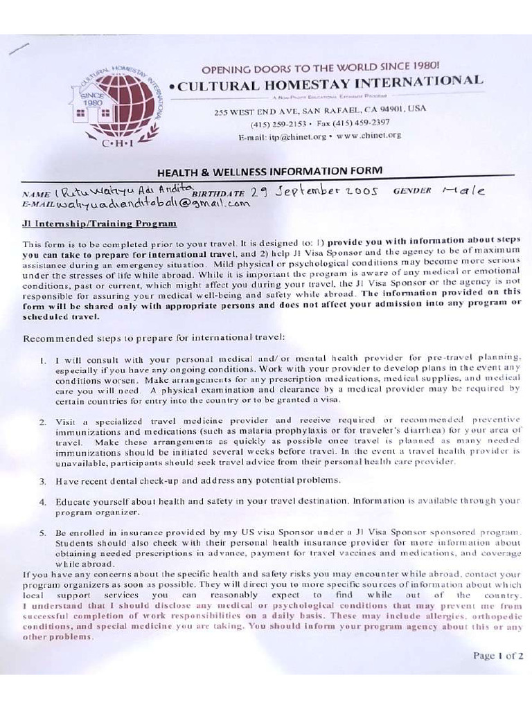 Health and Wellness Form | PDF