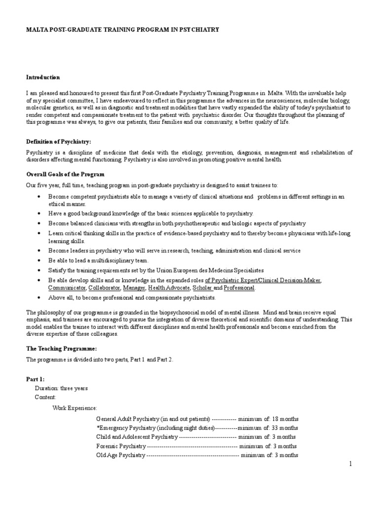 Malta Postgraduate Psychiatry Programme PDF Psychiatry Mental