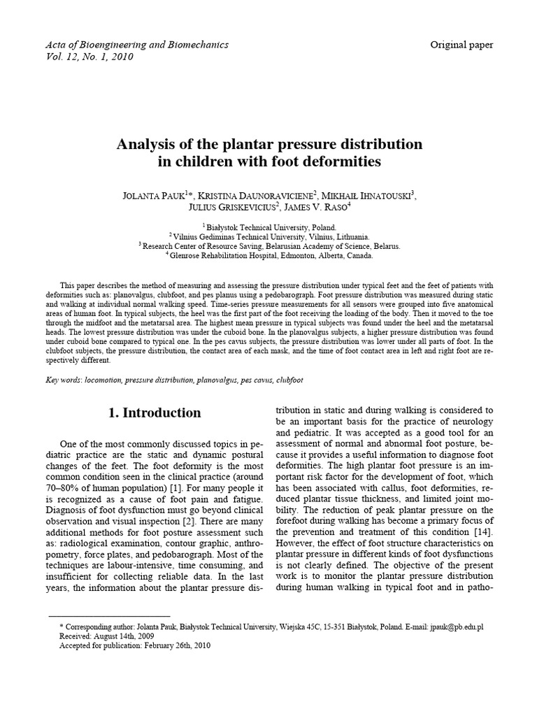 Analysis of The Plantar Pressure Distribution in Children With Foot ...