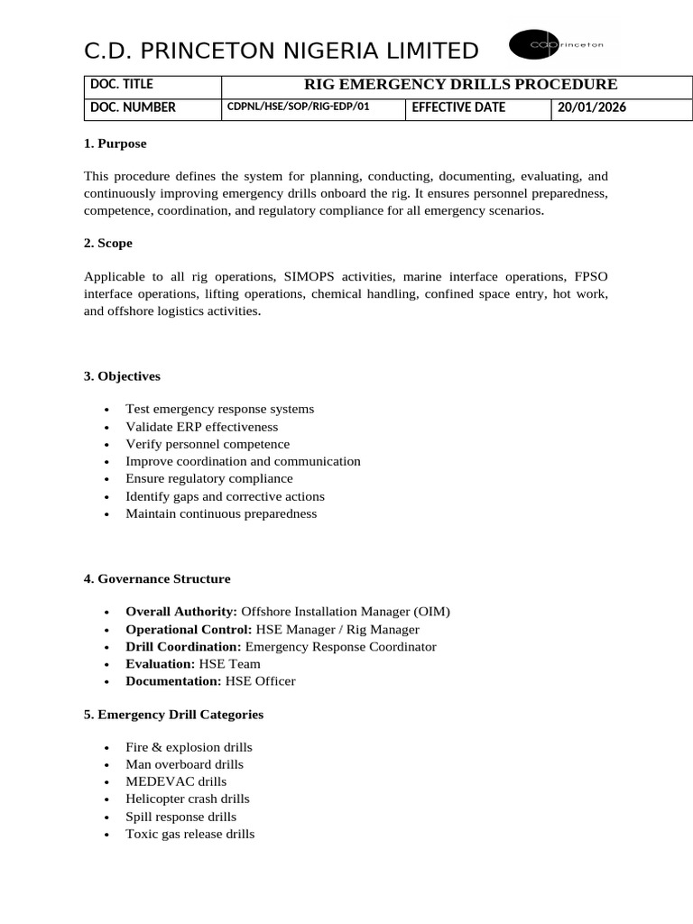 Rig Emergency Drills Procedure | PDF | Safety