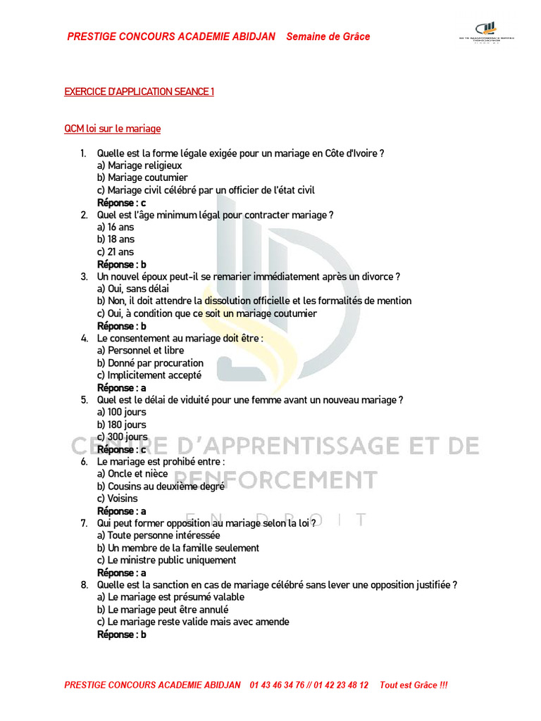 QCM Exercice D'application Seance 1 | PDF | Mariage | Divorce