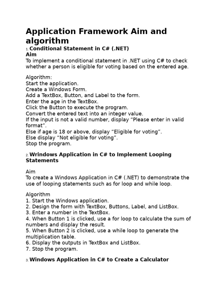 Application Framework Aim and Algorithm | PDF | Control Flow | Arithmetic