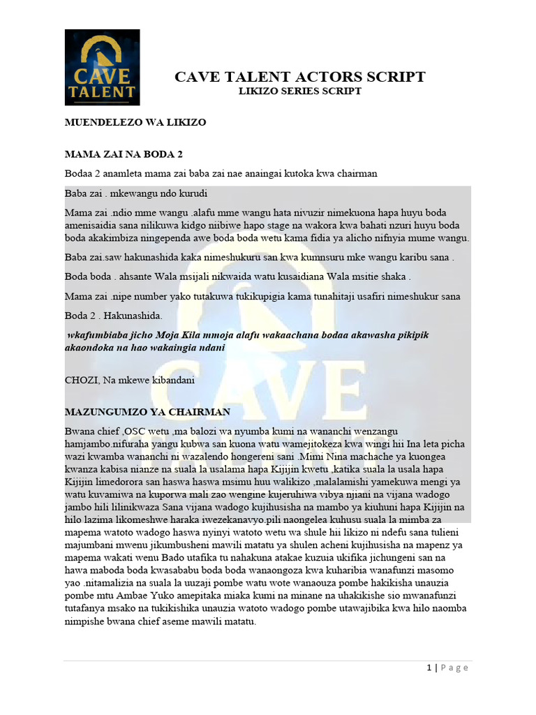 Cave Talent Actors Likizo Series Script 15th November 2025 | PDF