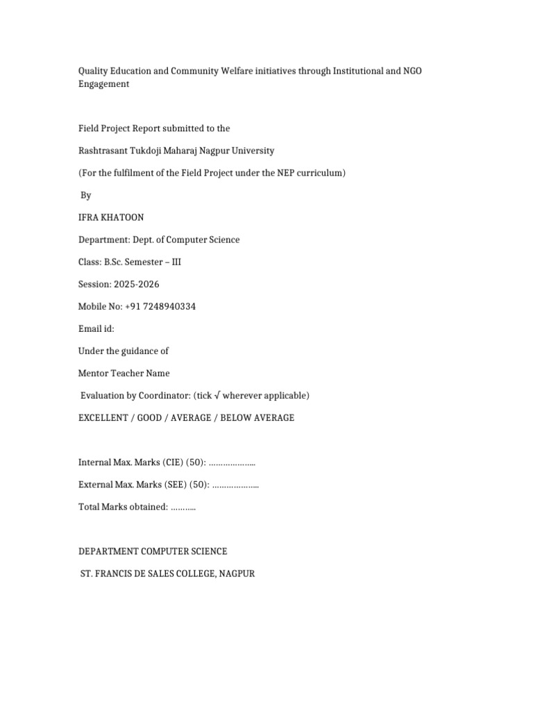 Field Project Report Shortened | PDF | Non Governmental Organization ...