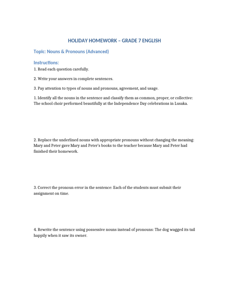 Grade 7 English Nouns Pronouns Holiday Homework | PDF