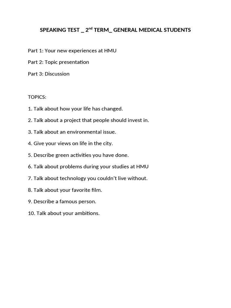 Speaking Test Y1bs 2nd Term | PDF