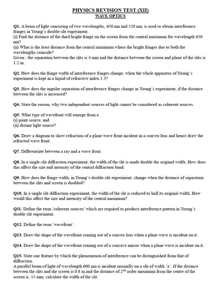 Class Xii Revision Test Wave Optics With Answers | PDF | Diffraction ...