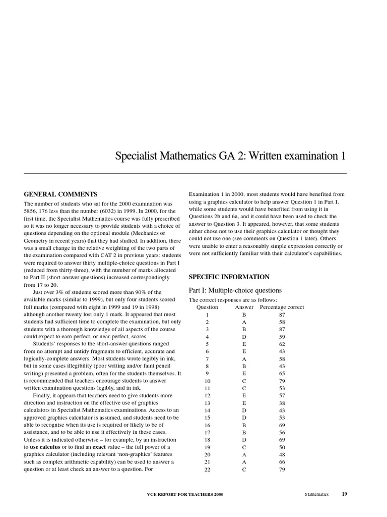 (VCE Specialist) 2000 VCAA Unit 34 Exam 1 Assessment Report | PDF ...