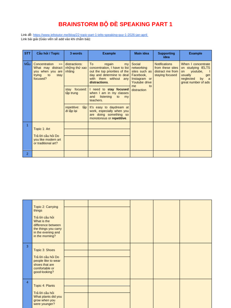 Brainstorm Bộ Đề Speaking Part 1 - Quý 1 - 2026 | PDF