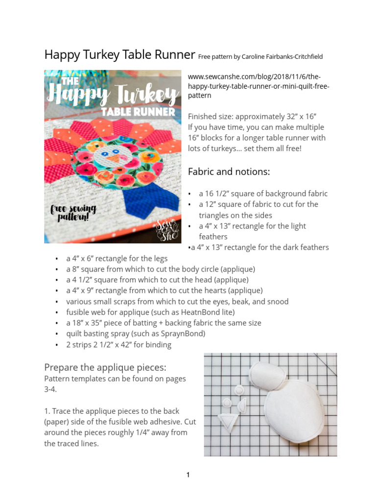 Happy Turkey Table Runner Pattern Optimized For Printing | PDF | Seam ...
