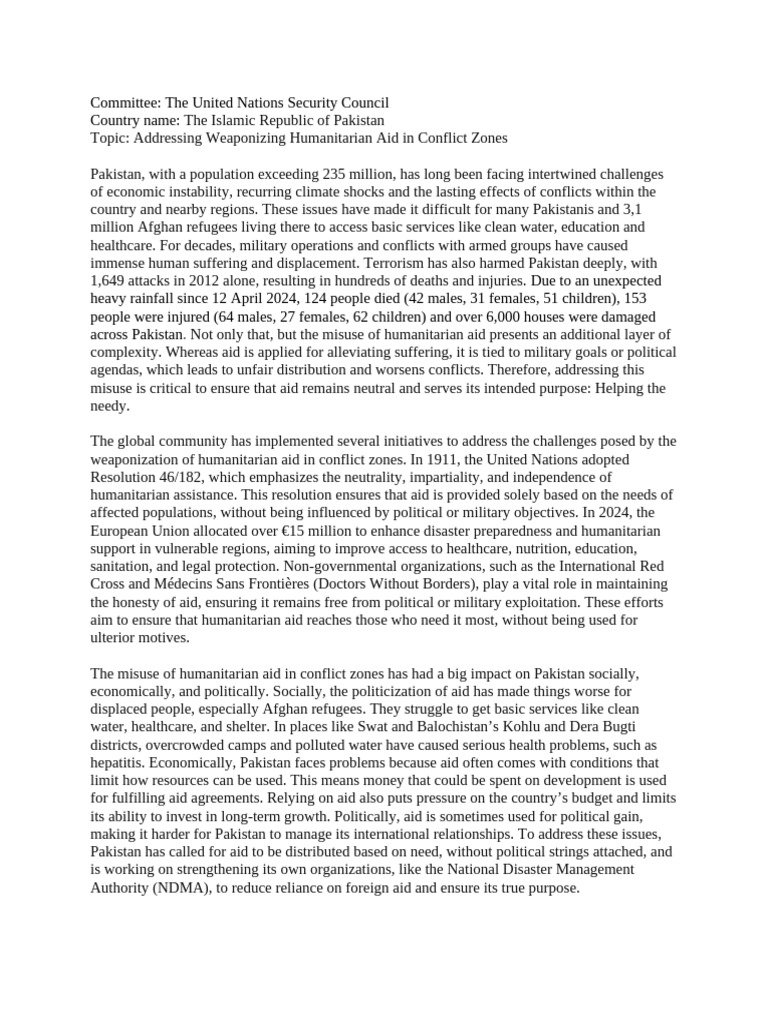 Position Paper UNSC Pakistan | PDF | Humanitarian Aid | Aids