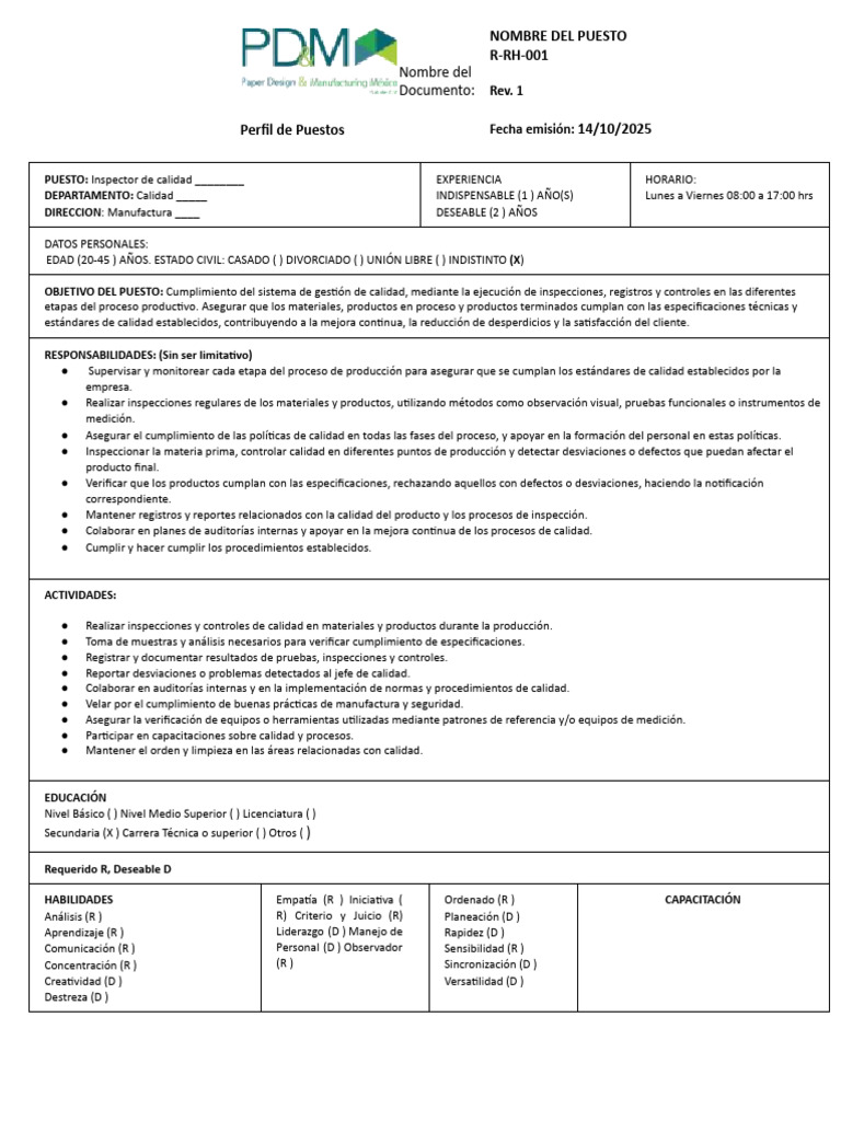 R-rh-01 Perfil de Puesto (Inspector de Calidad) | PDF